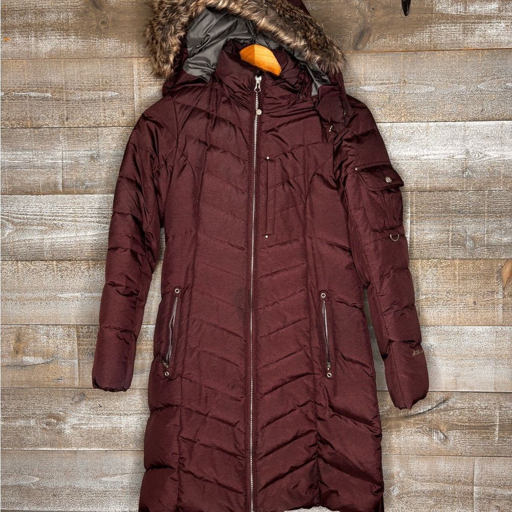 Eddie Bauer PXS Women's Sun Valley down parka Plum Puffer Jacket Faux Fur Hood - Picture 2 of 8